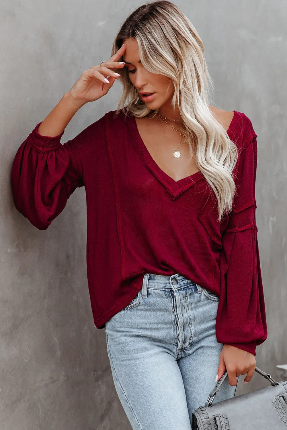 Biking Red V Neck Puff Sleeve Lightweight Knit Sweater