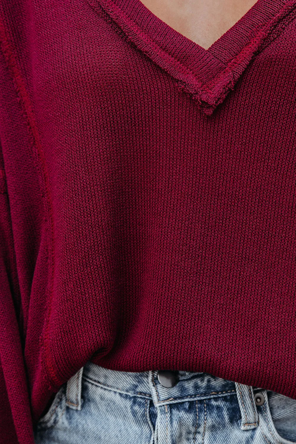 Biking Red V Neck Puff Sleeve Lightweight Knit Sweater