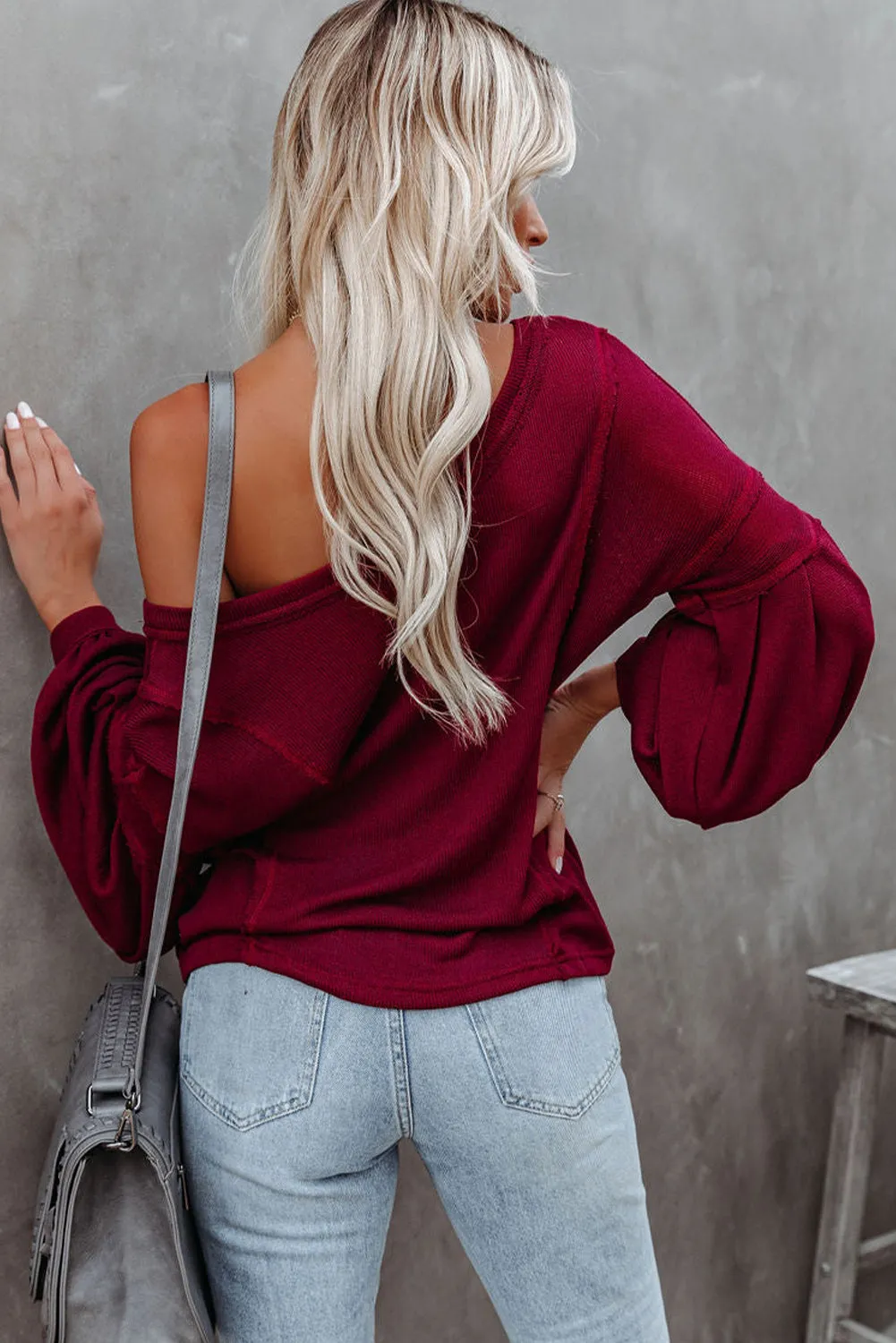Biking Red V Neck Puff Sleeve Lightweight Knit Sweater