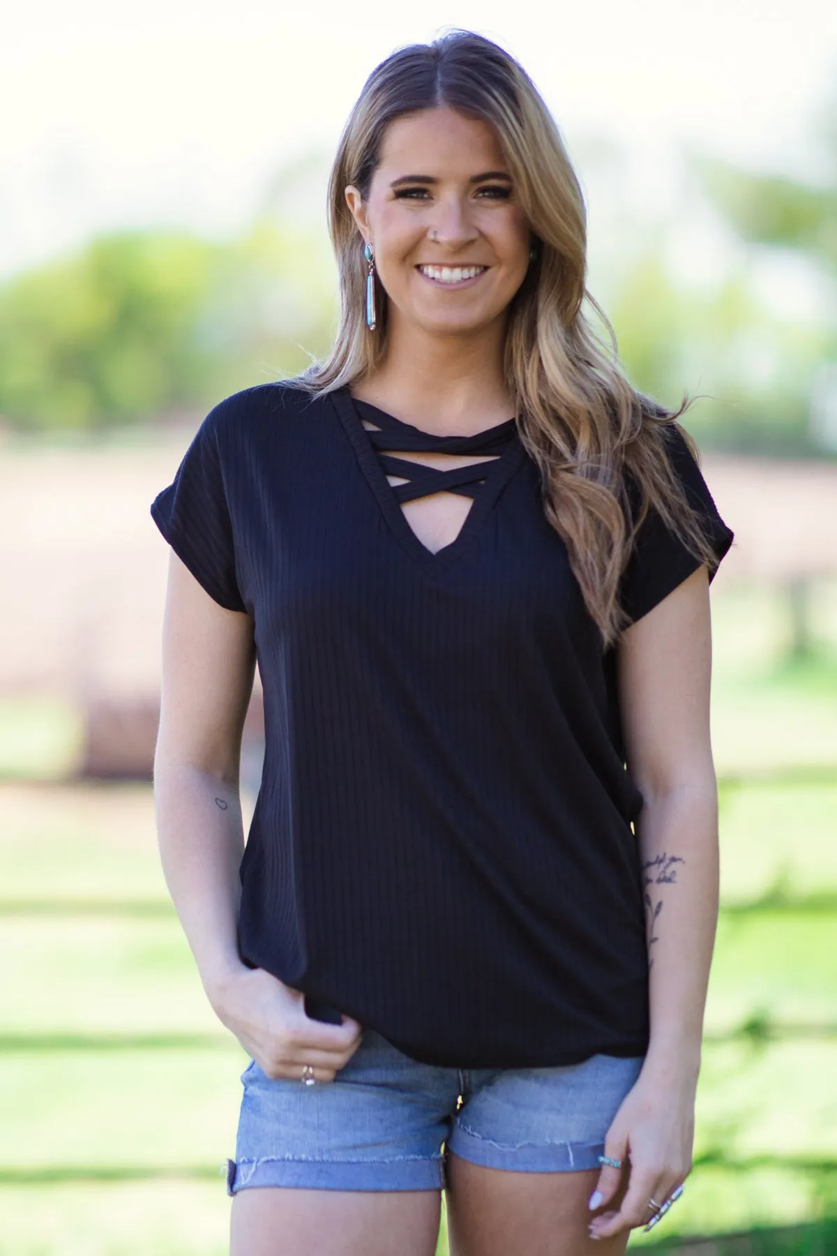 Black Criss-Cross Front Top