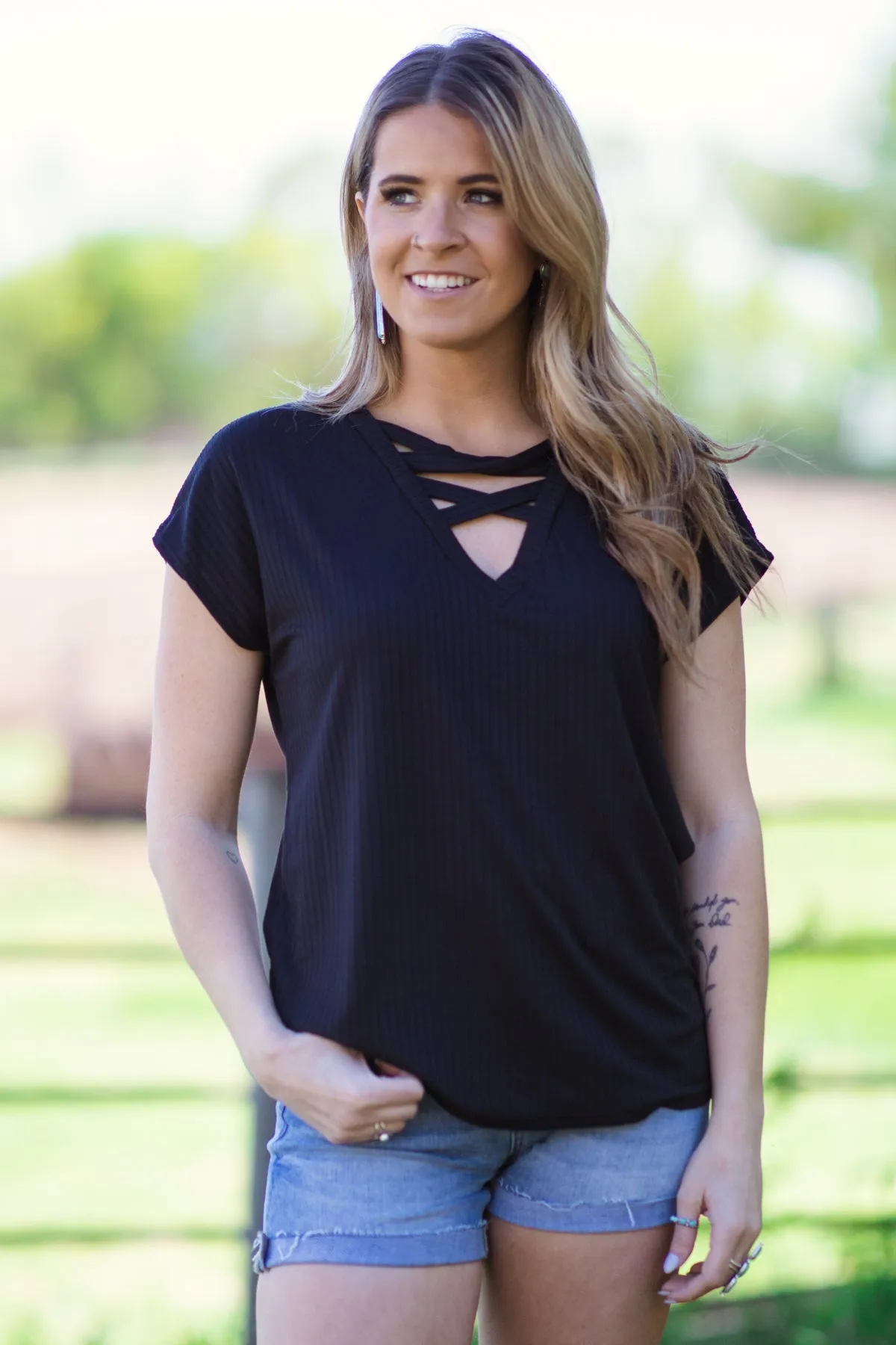 Black Criss-Cross Front Top