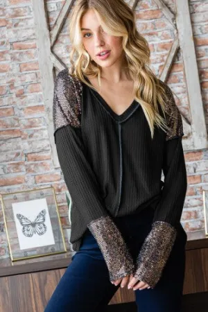 Black Solid   Sequin V Neck Long Sleeve