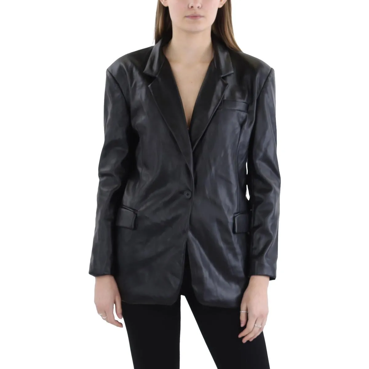[BLANKNYC] Womens Faux Leather Oversized One-Button Blazer