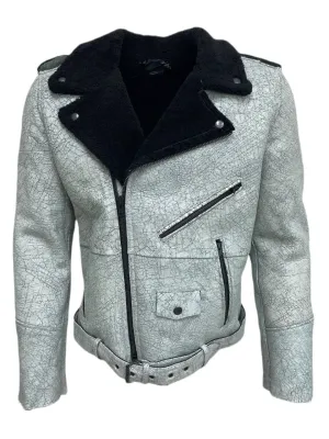 BLK DNM Men's Black/White Shearling Leather Jacket 5 NWT