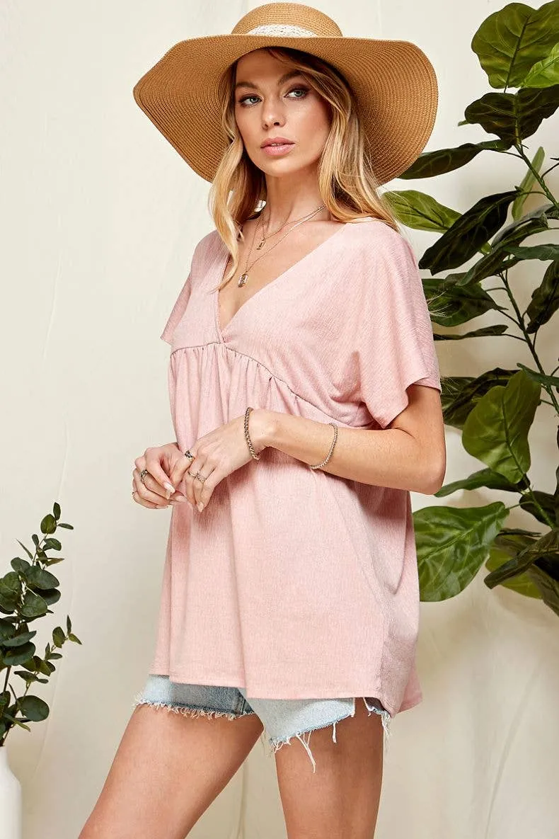 Blush Solid Soft V Neck Baby Doll Blouse