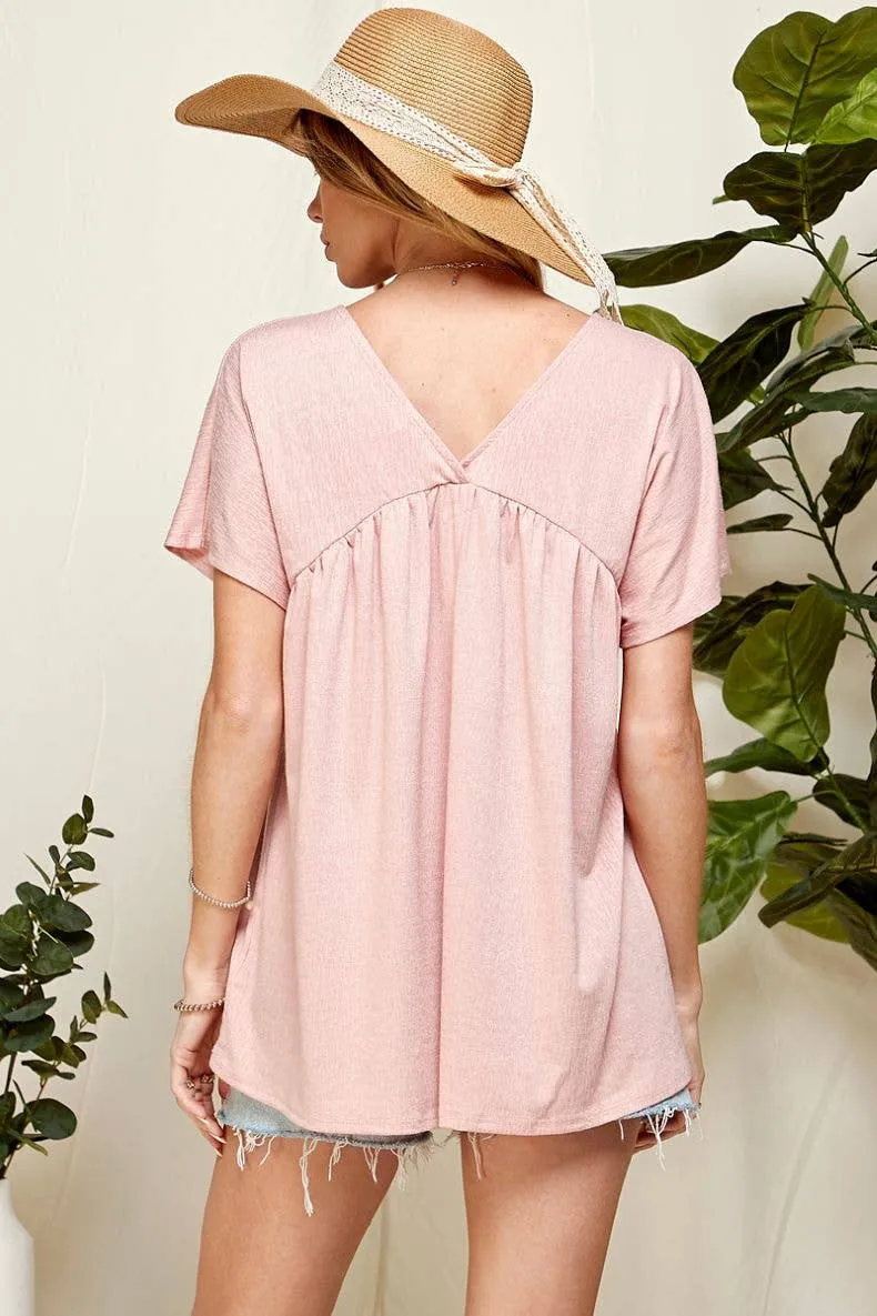 Blush Solid Soft V Neck Baby Doll Blouse