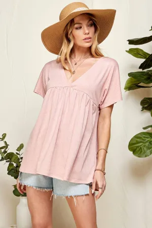 Blush Solid Soft V Neck Baby Doll Blouse
