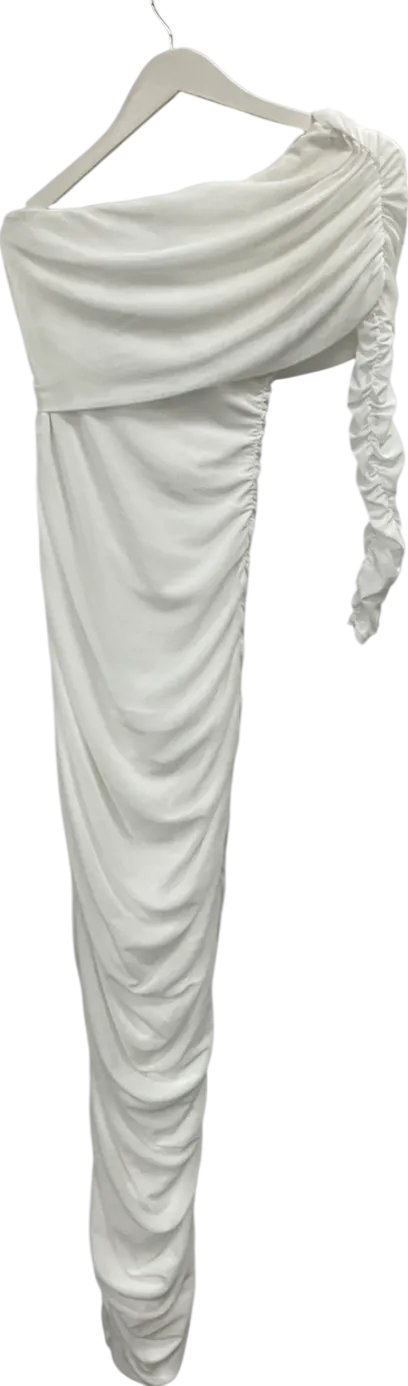 boohoo White One Shoulder Rouched Mesh Maxi Dress UK 12