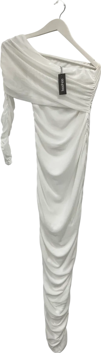 boohoo White One Shoulder Rouched Mesh Maxi Dress UK 12