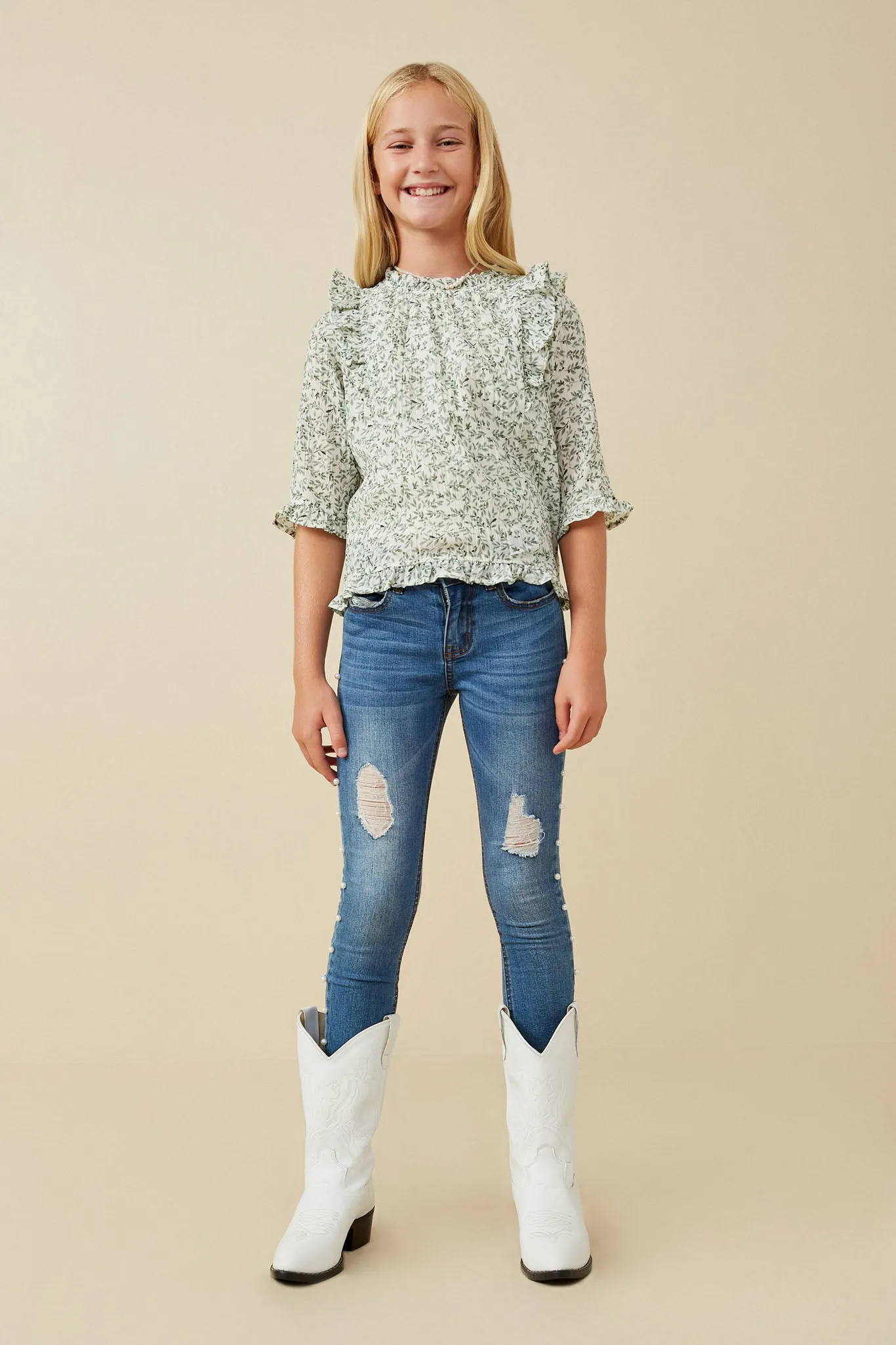Botanical Print Ruffle Detail Top