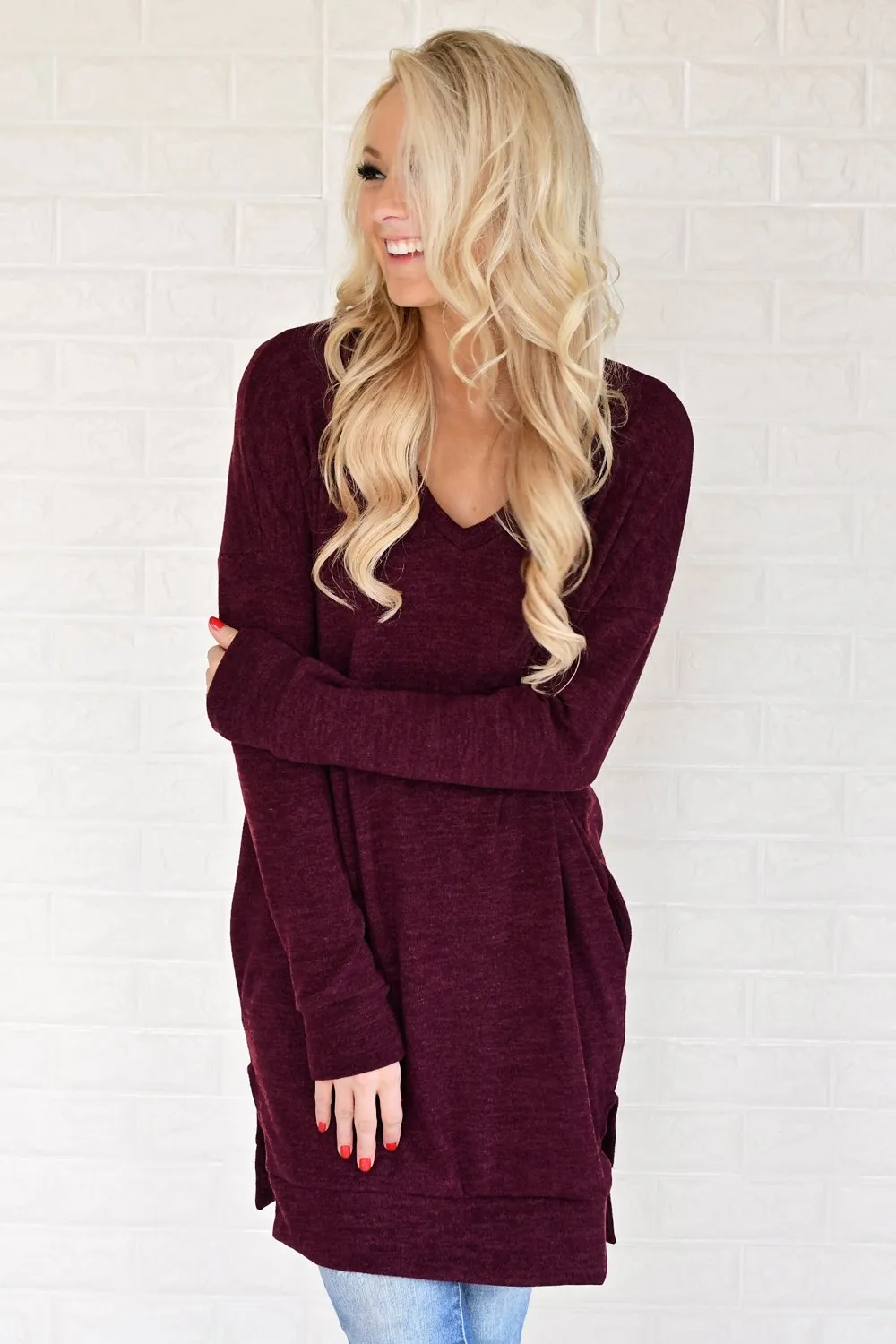 Burgundy V-Neck Tunic Top