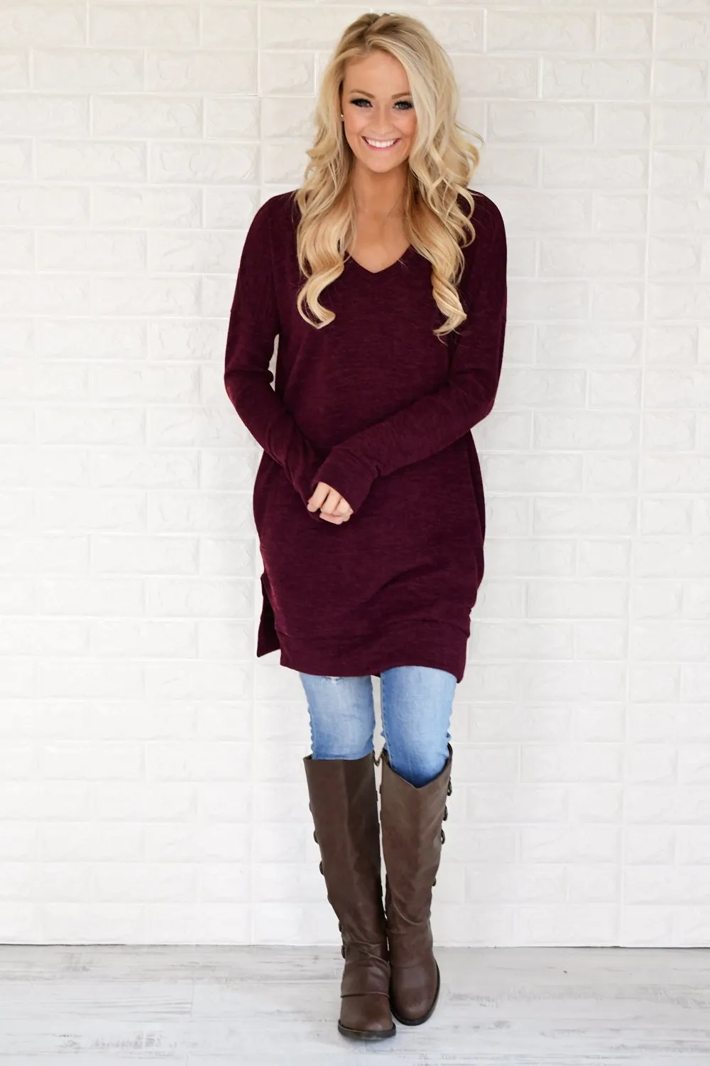 Burgundy V-Neck Tunic Top