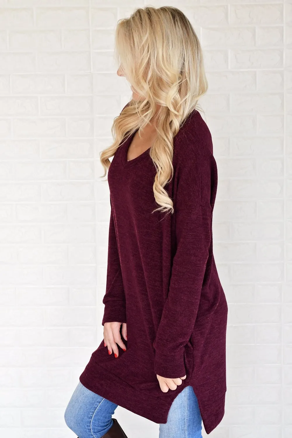 Burgundy V-Neck Tunic Top