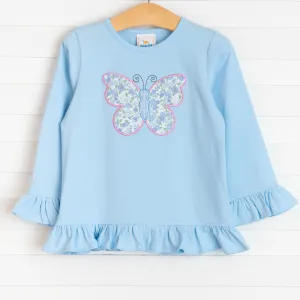 Butterfly Kisses Applique Ruffle Shirt, Blue