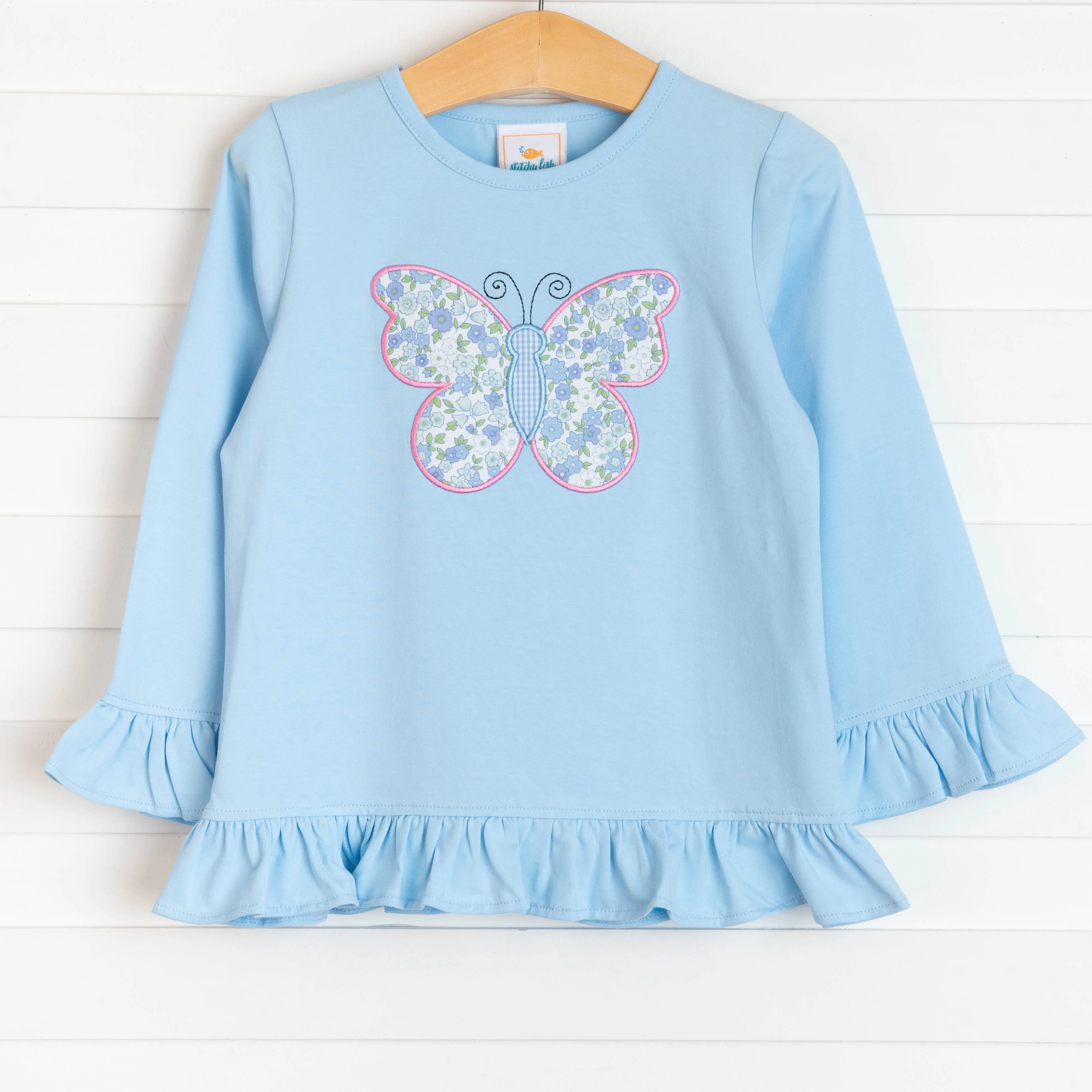 Butterfly Kisses Applique Ruffle Shirt, Blue