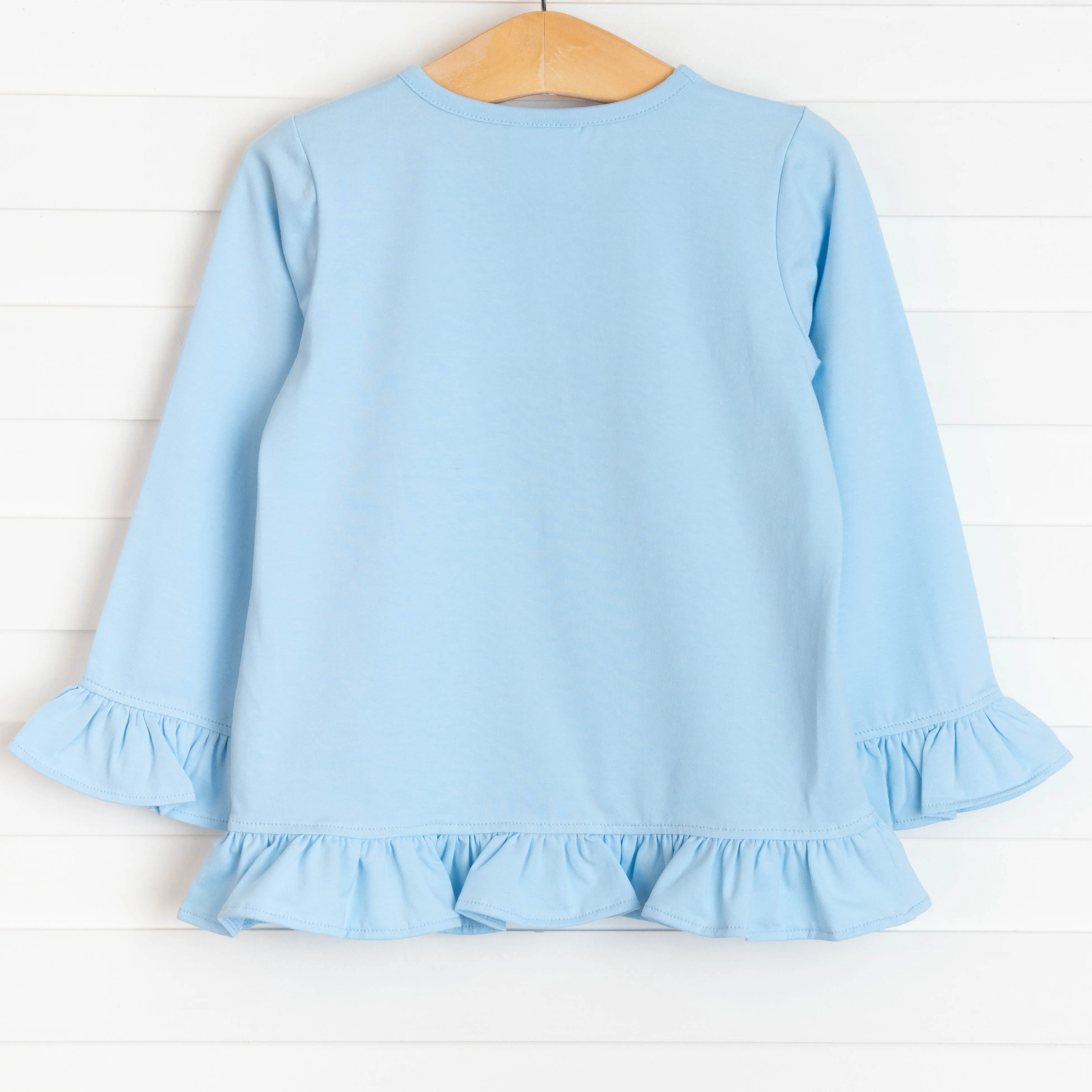Butterfly Kisses Applique Ruffle Shirt, Blue