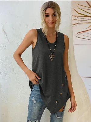 Buttoned Asymmetrical Hem Sleeveless V-neck Shirt