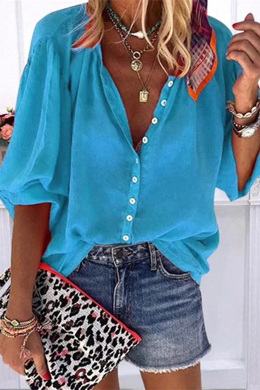 Buttons Design Lace-up Red Blouse