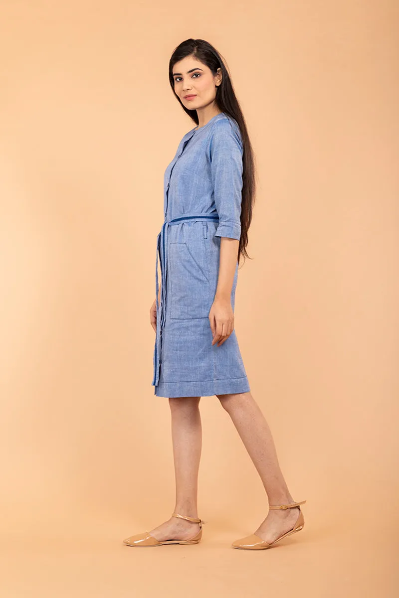 Chambray Blue Straight Fit Shift Dress in Sambalpur  Handloom Cotton