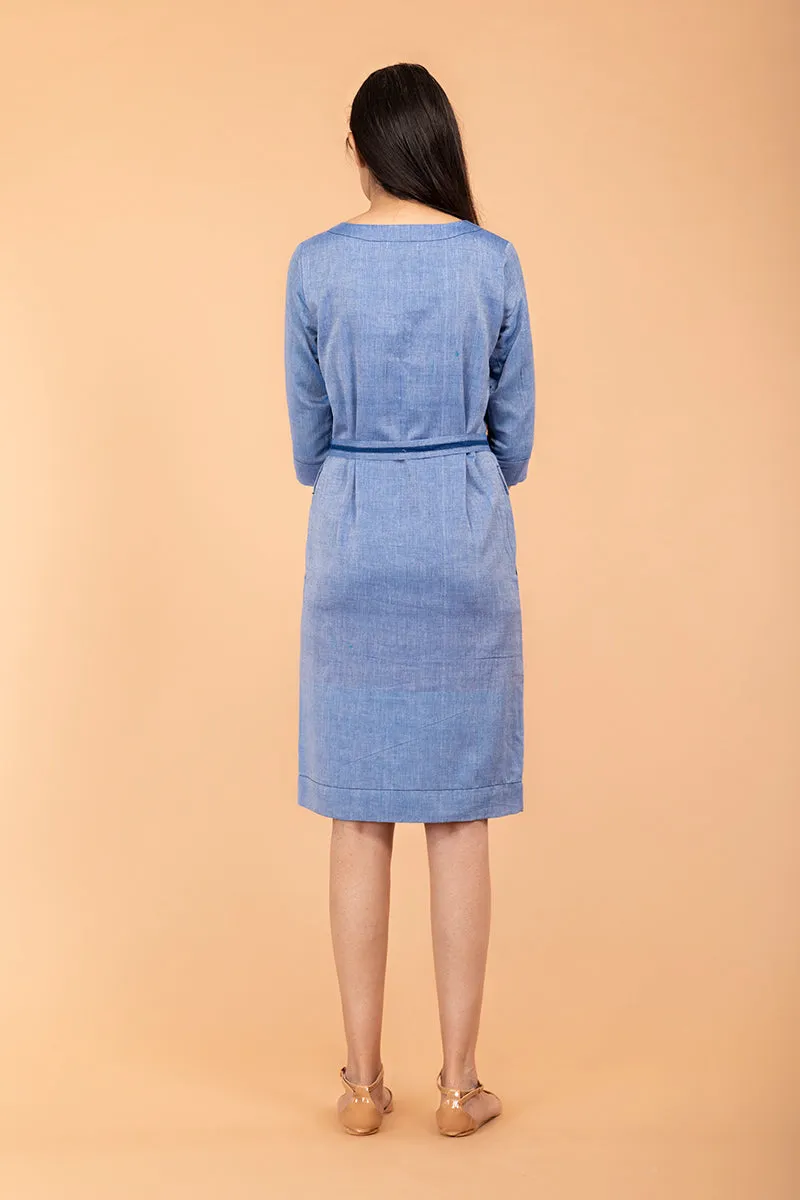 Chambray Blue Straight Fit Shift Dress in Sambalpur  Handloom Cotton