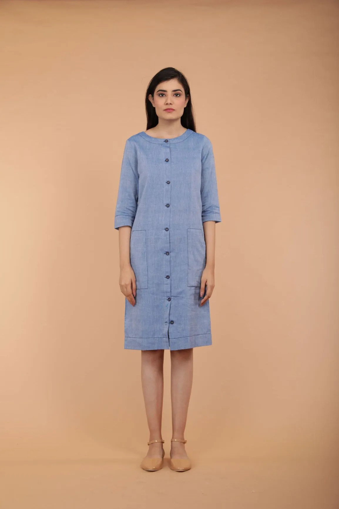 Chambray Blue Straight Fit Shift Dress in Sambalpur  Handloom Cotton