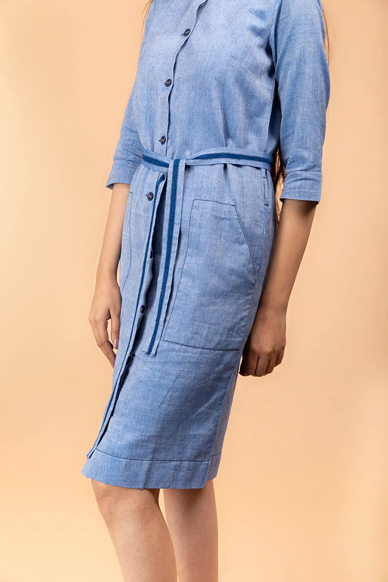 Chambray Blue Straight Fit Shift Dress in Sambalpur  Handloom Cotton