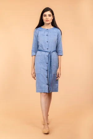 Chambray Blue Straight Fit Shift Dress in Sambalpur  Handloom Cotton