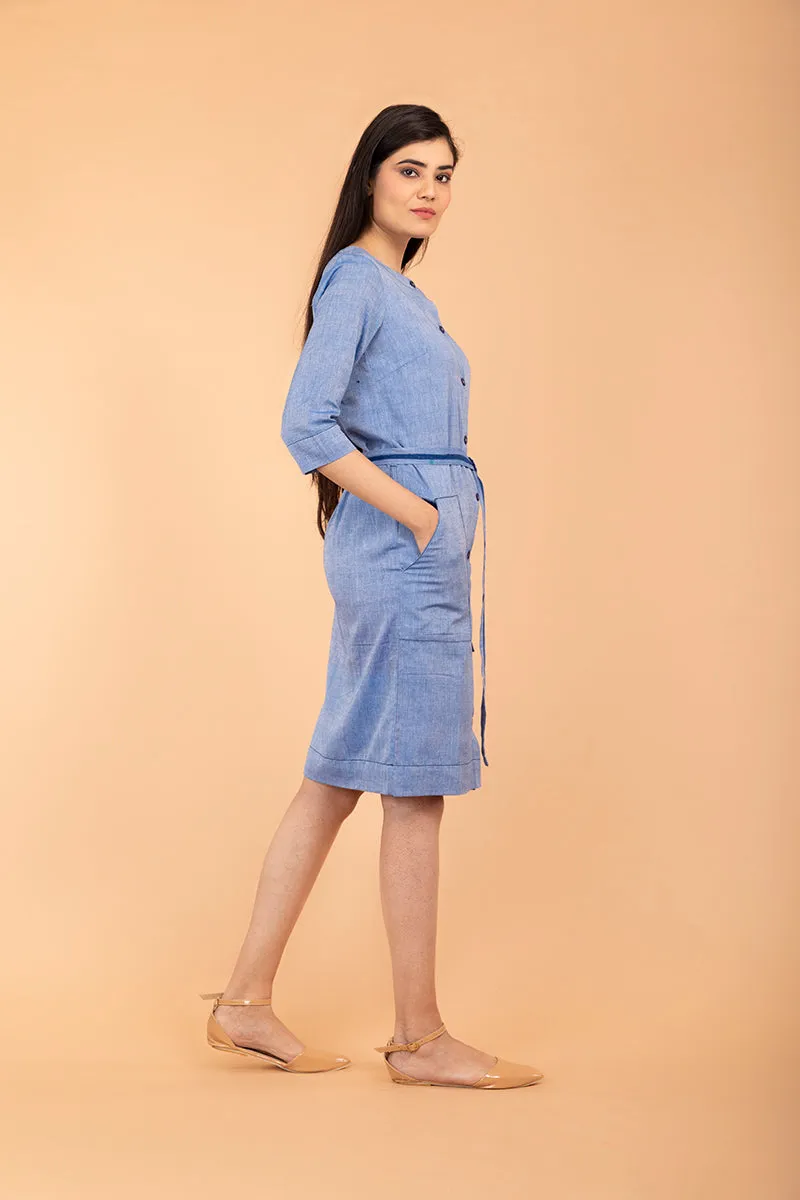 Chambray Blue Straight Fit Shift Dress in Sambalpur  Handloom Cotton