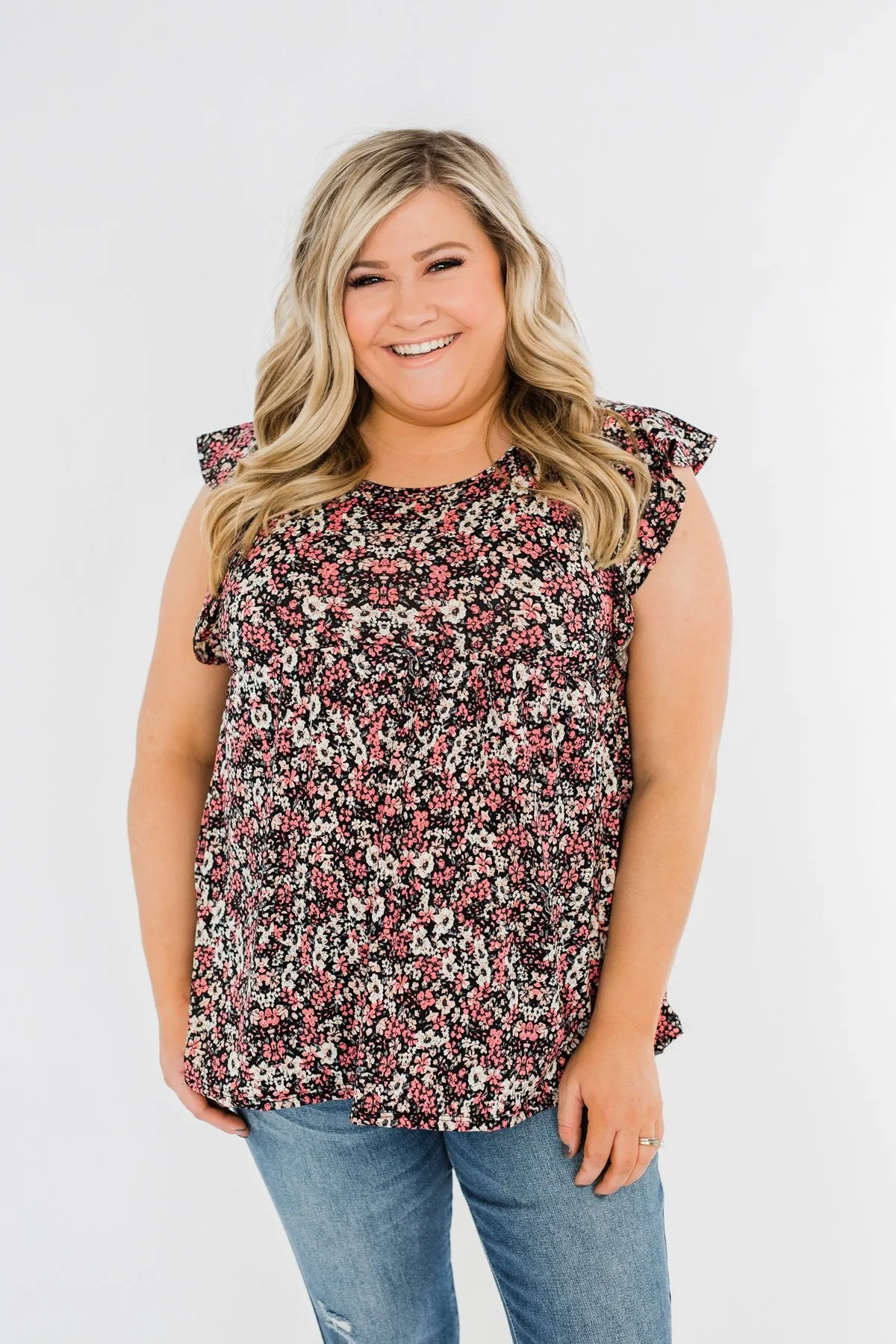 Chase Your Dreams Floral Ruffle Top- Black & Pink