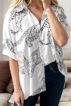 Cheetah Print Collared Neck Half Sleeve Shirt