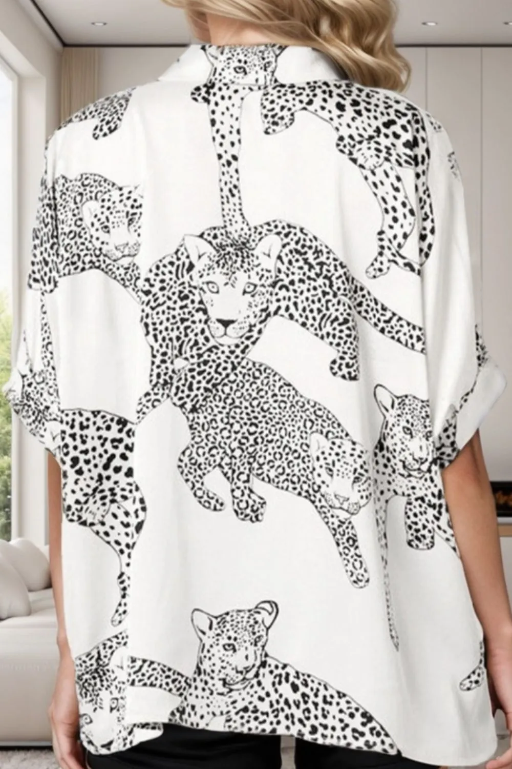 Cheetah Print Collared Neck Half Sleeve Shirt