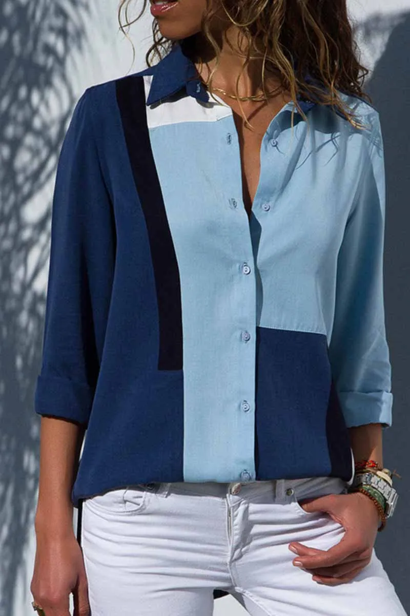 Chicindress Casual V-Neck Print Stitching Long-Sleeved Spun Shirt(4 Colors)