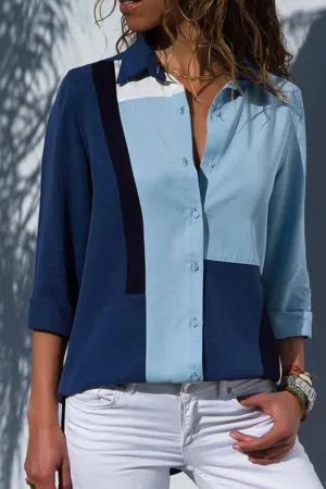 Chicindress Casual V-Neck Print Stitching Long-Sleeved Spun Shirt(4 Colors)