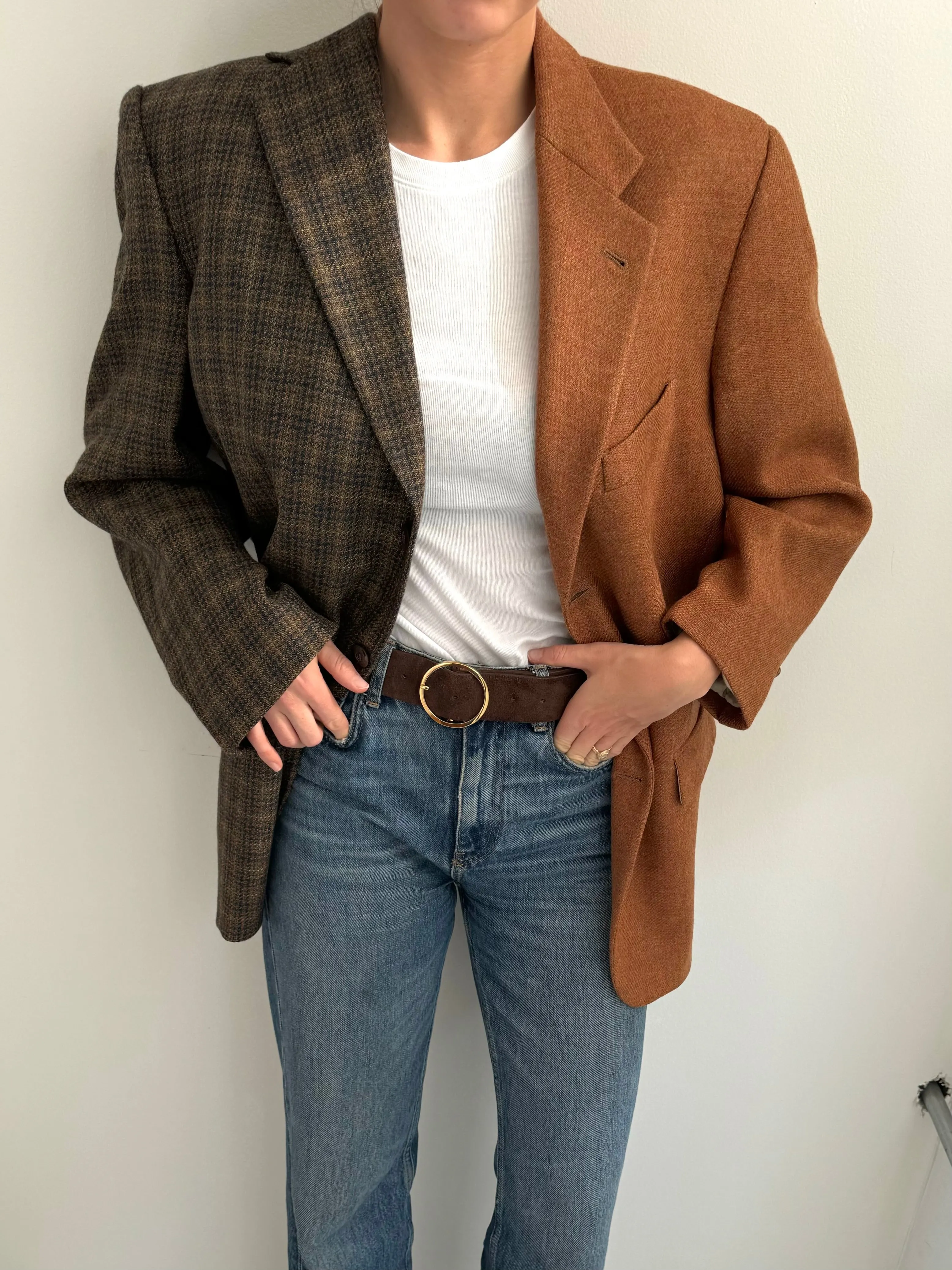 Cognac and chocolate plaid wool contrasted blazer