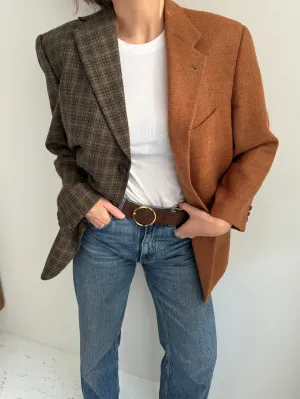 Cognac and chocolate plaid wool contrasted blazer