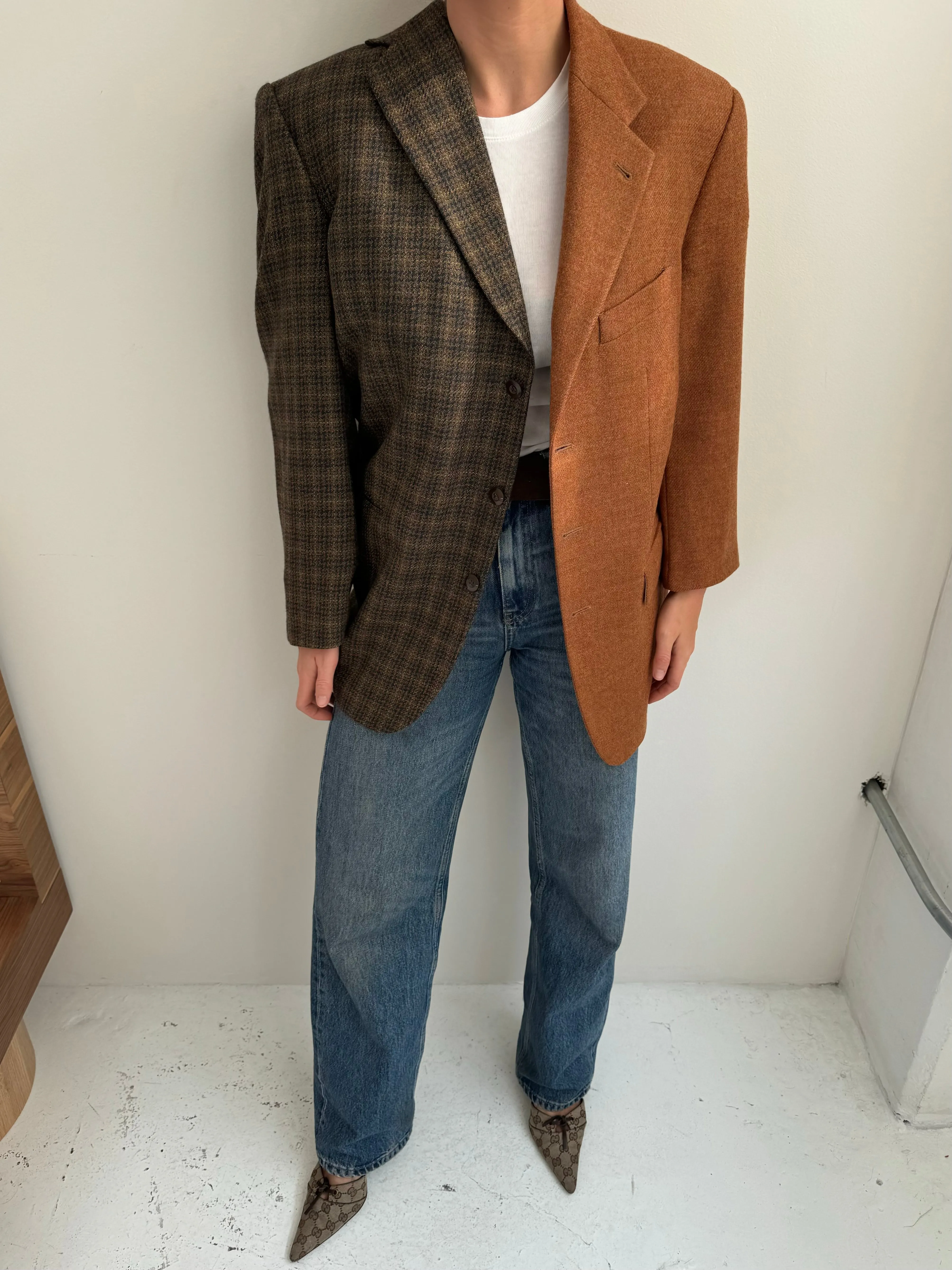 Cognac and chocolate plaid wool contrasted blazer