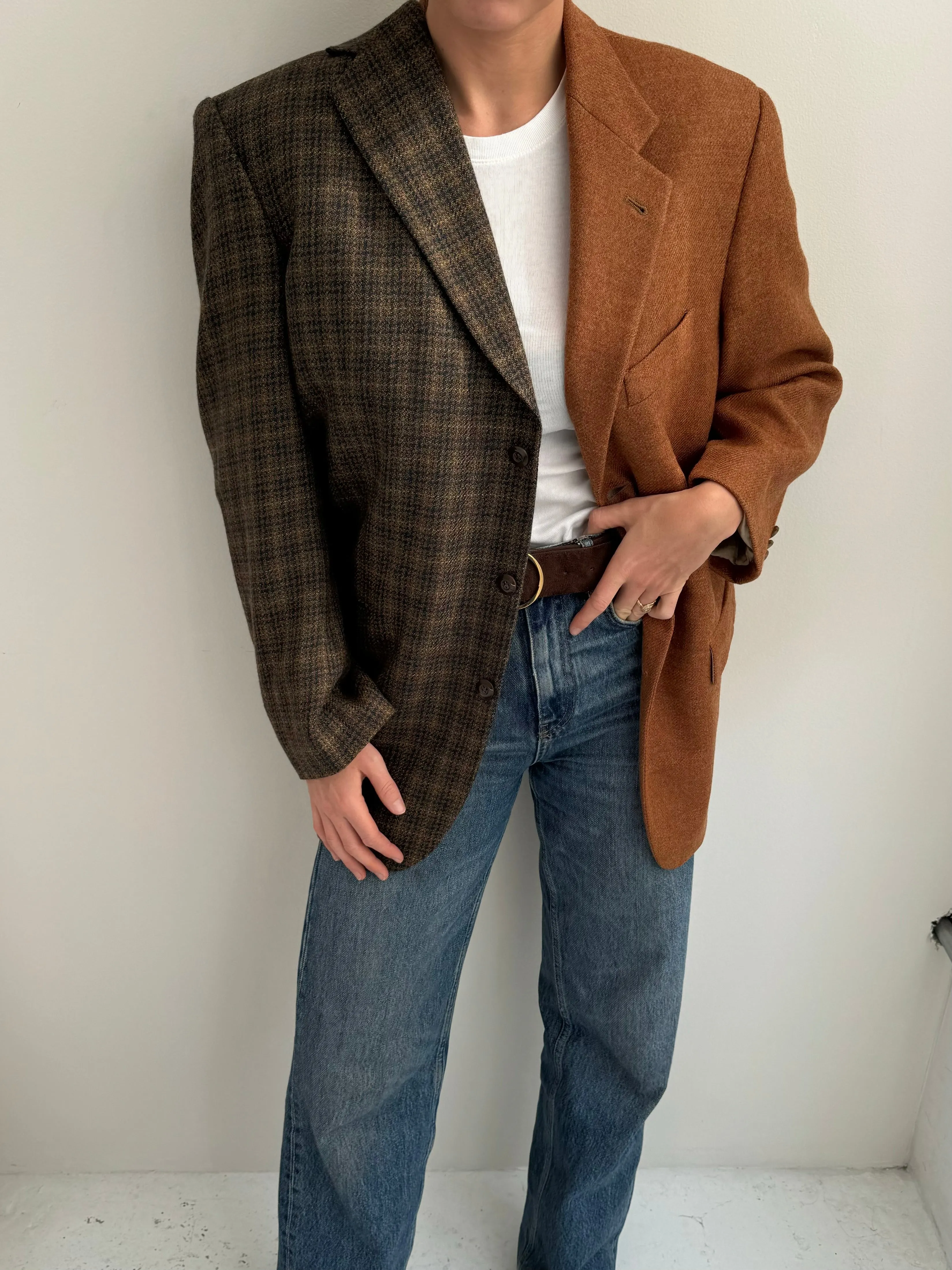 Cognac and chocolate plaid wool contrasted blazer