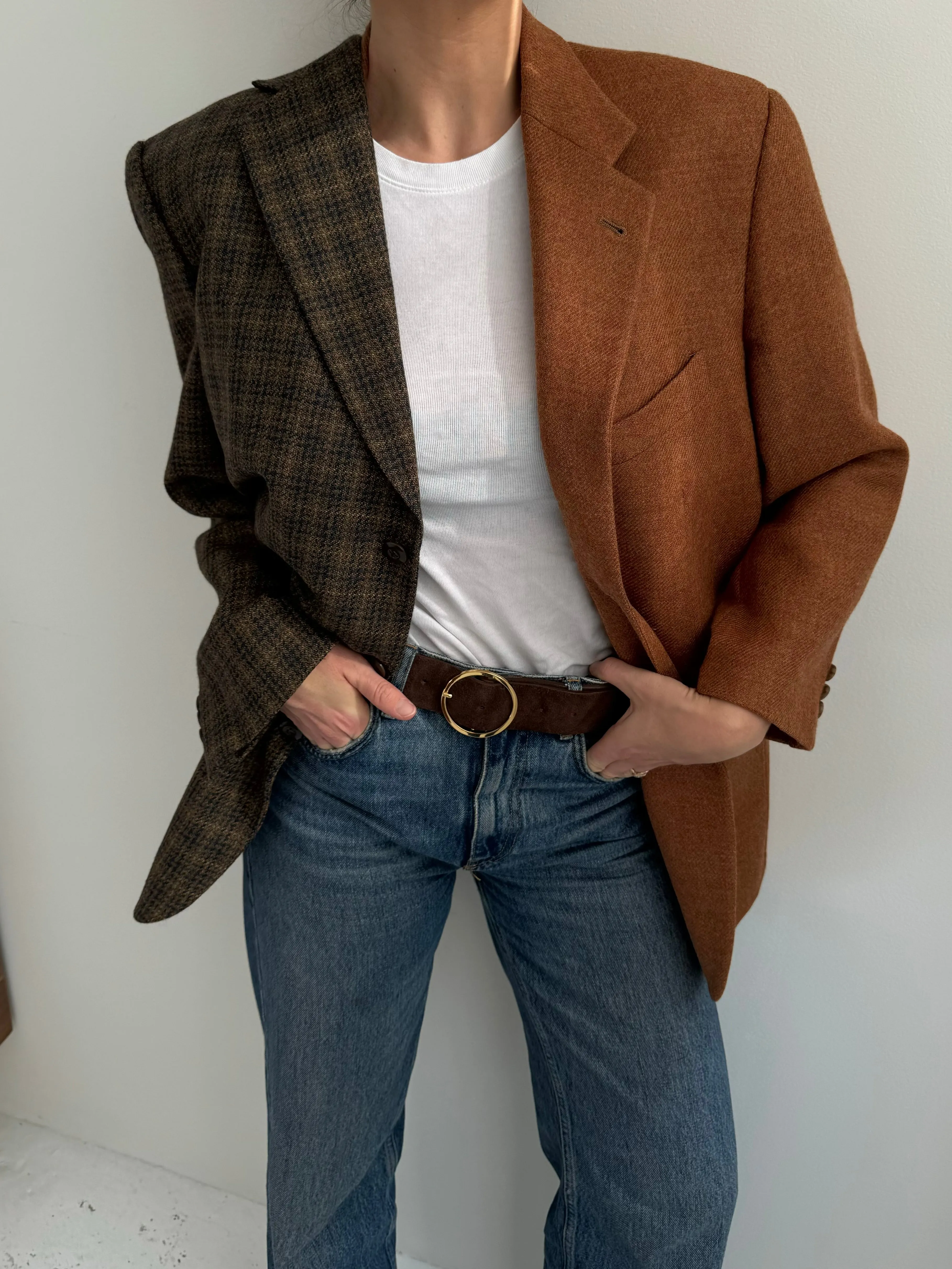Cognac and chocolate plaid wool contrasted blazer