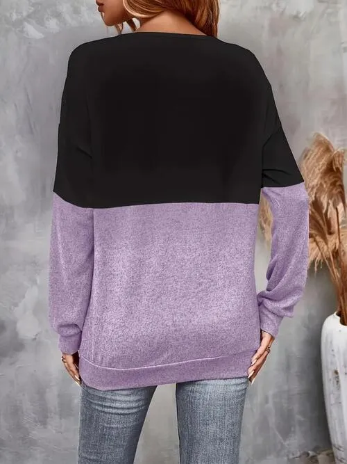 Contrast Color Crisscross V-Neck Long Sleeve Top (3 Colors)