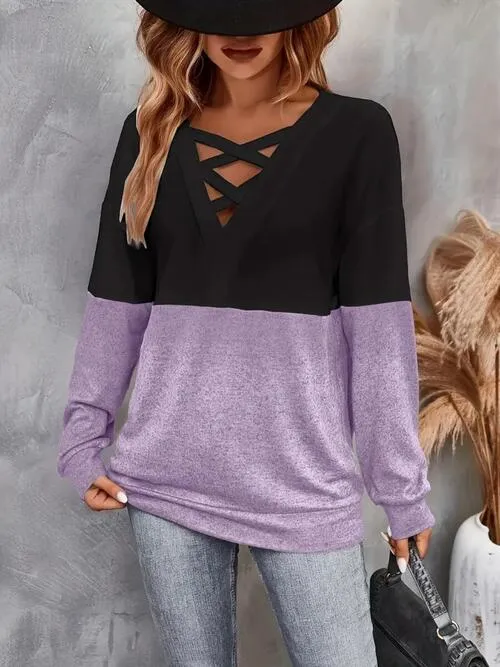 Contrast Color Crisscross V-Neck Long Sleeve Top (3 Colors)