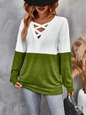Contrast Color Crisscross V-Neck Long Sleeve Top (3 Colors)