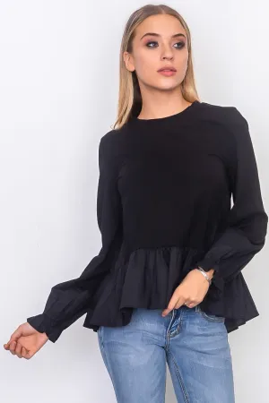 Contrast woven ruffle sleeve round neck top