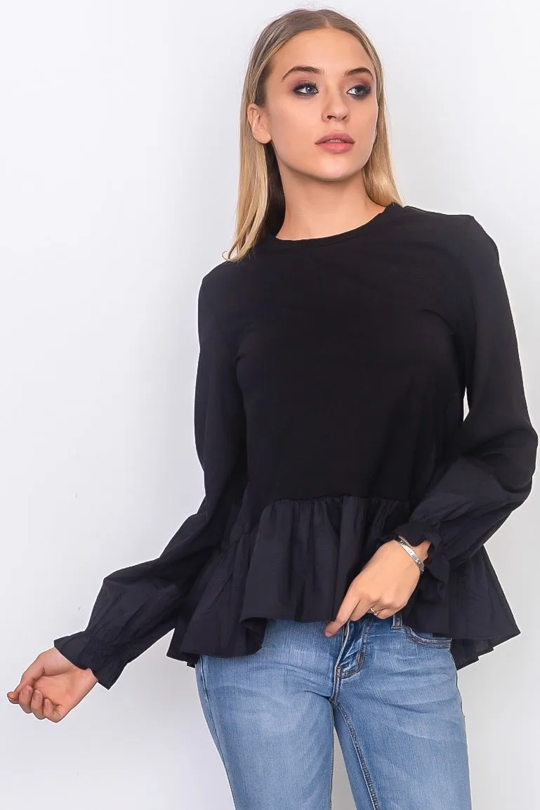 Contrast woven ruffle sleeve round neck top