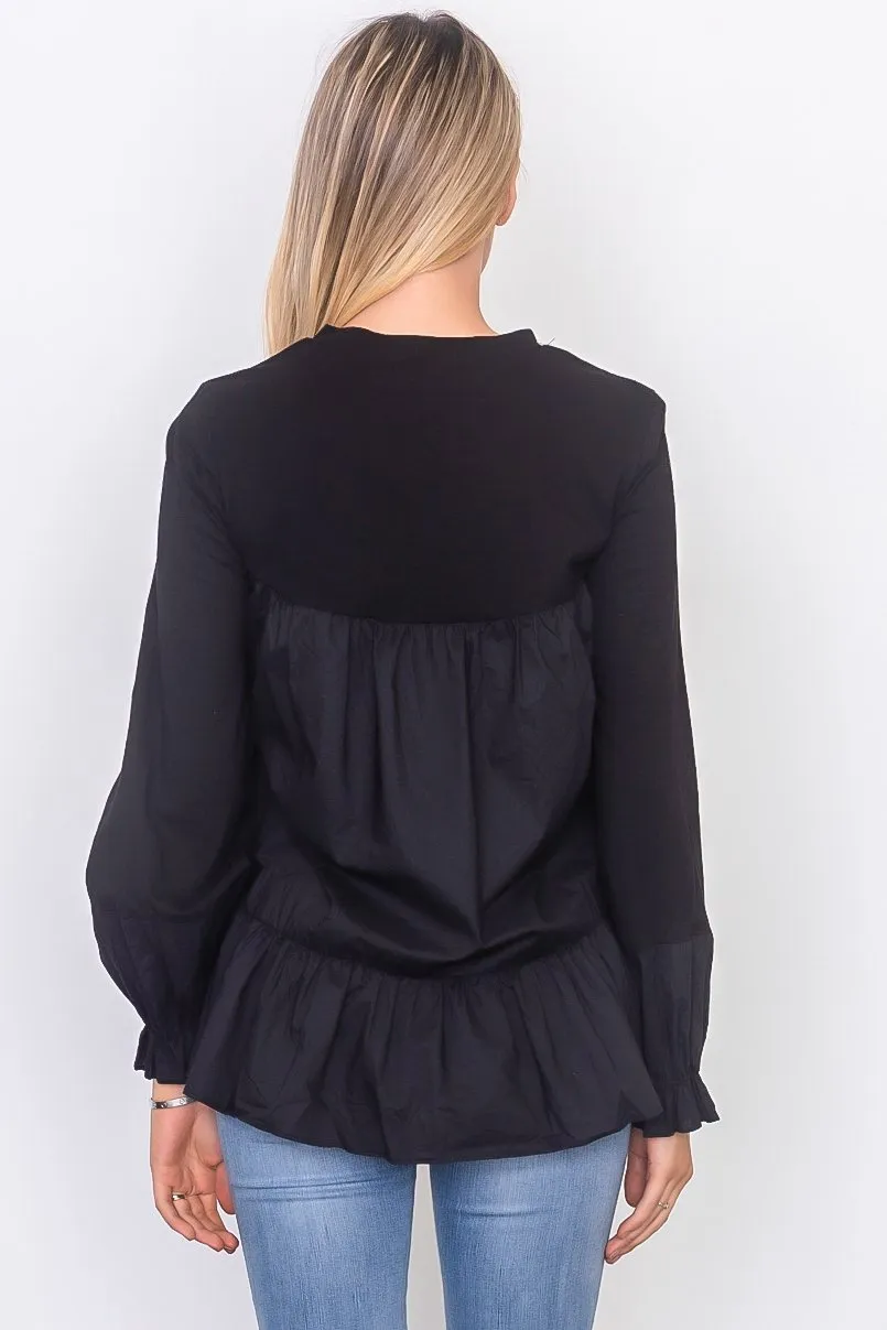 Contrast woven ruffle sleeve round neck top