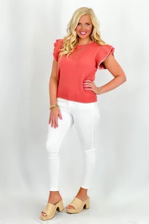 Coral Short Sleeve Round Neck Sweater