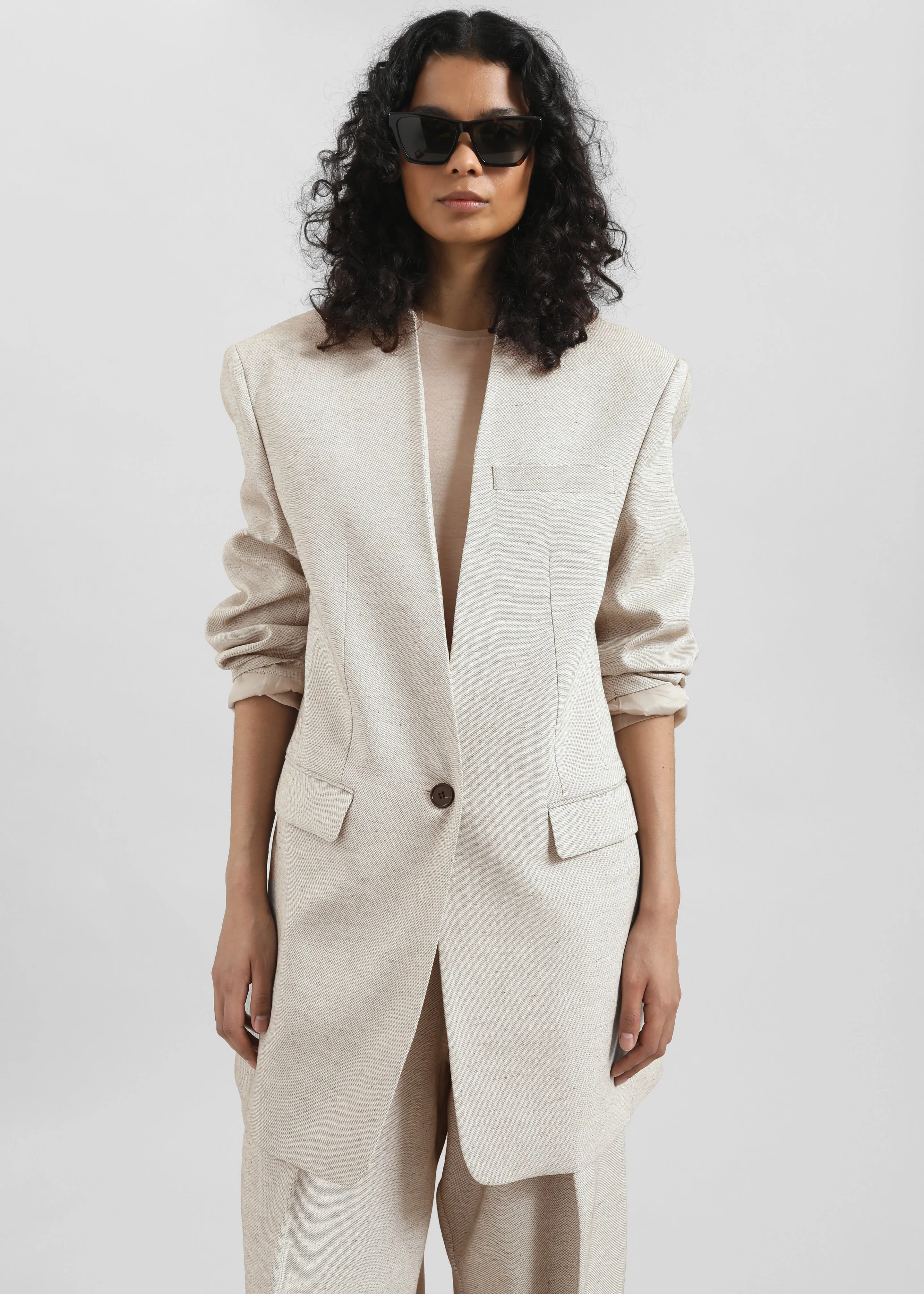 Corsham Collarless Oversized Blazer - Beige Melange