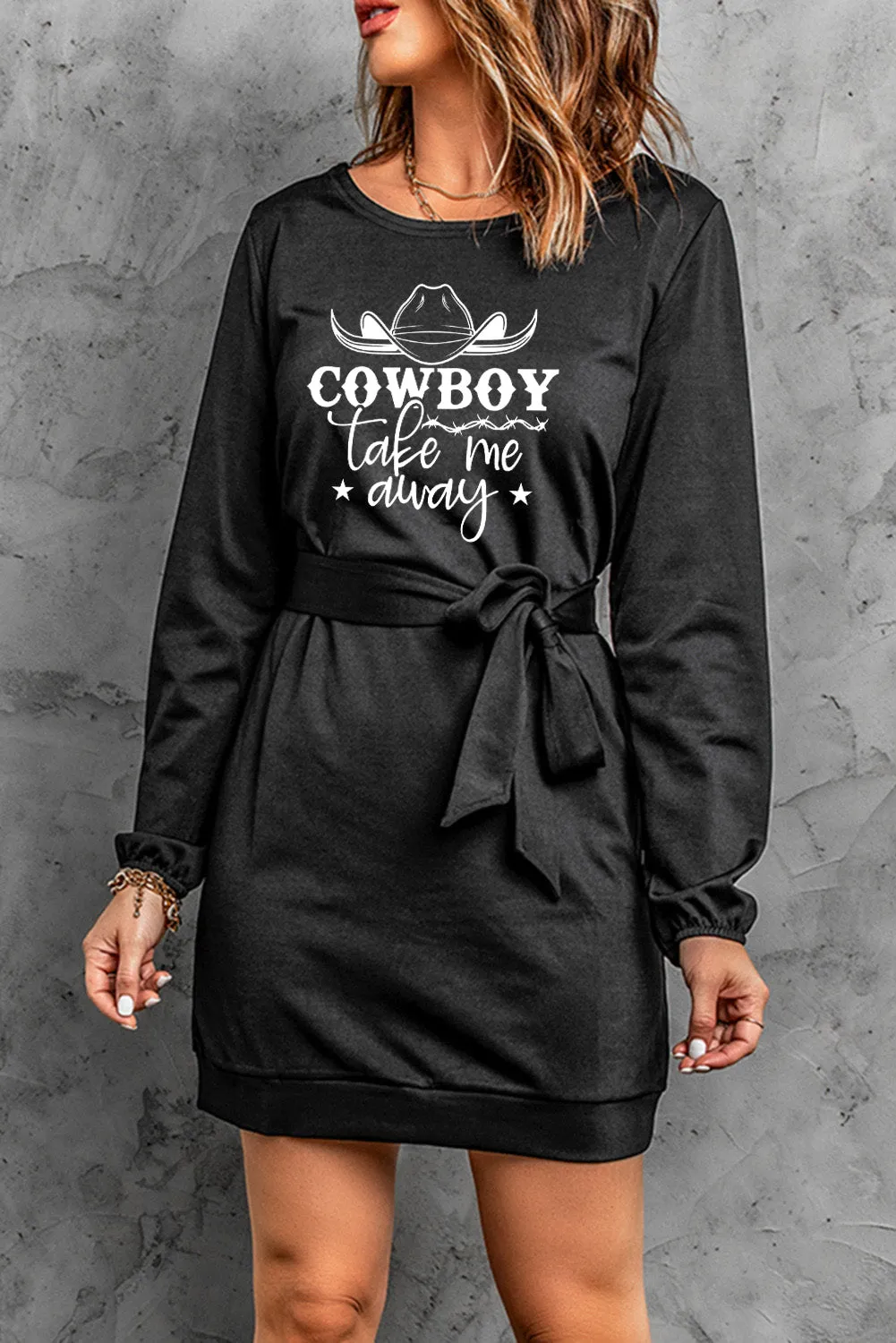 Cowboy Take Me Away Graphic Print Belted Long Sleeve Mini Dress