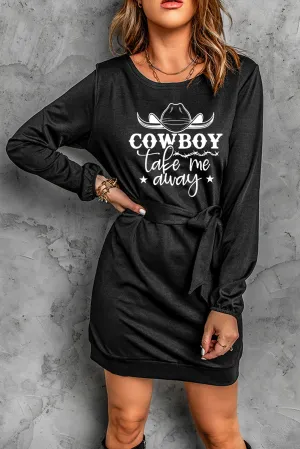 Cowboy Take Me Away Graphic Print Belted Long Sleeve Mini Dress