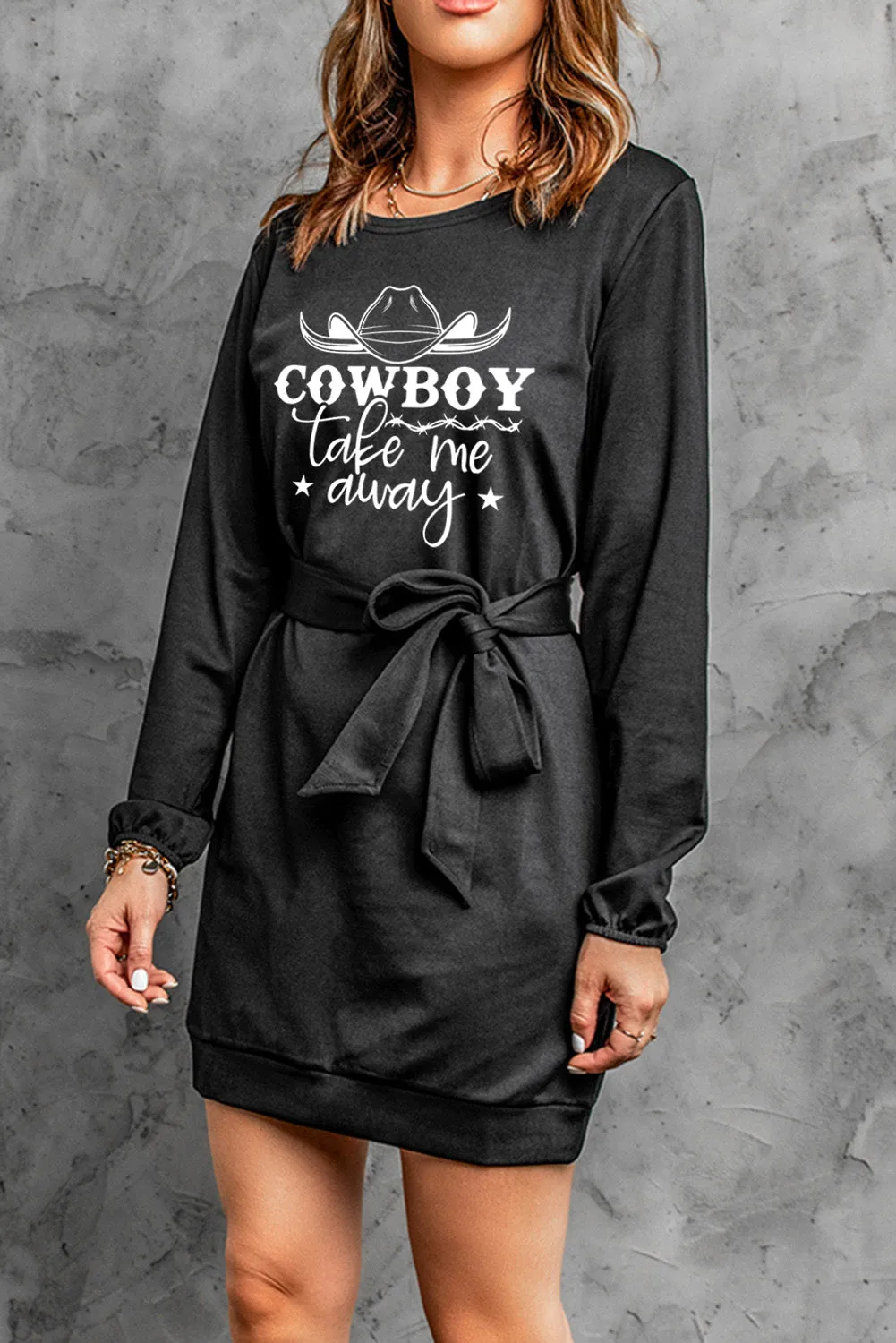 Cowboy Take Me Away Graphic Print Belted Long Sleeve Mini Dress