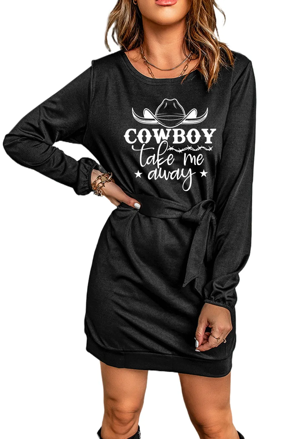 Cowboy Take Me Away Graphic Print Belted Long Sleeve Mini Dress